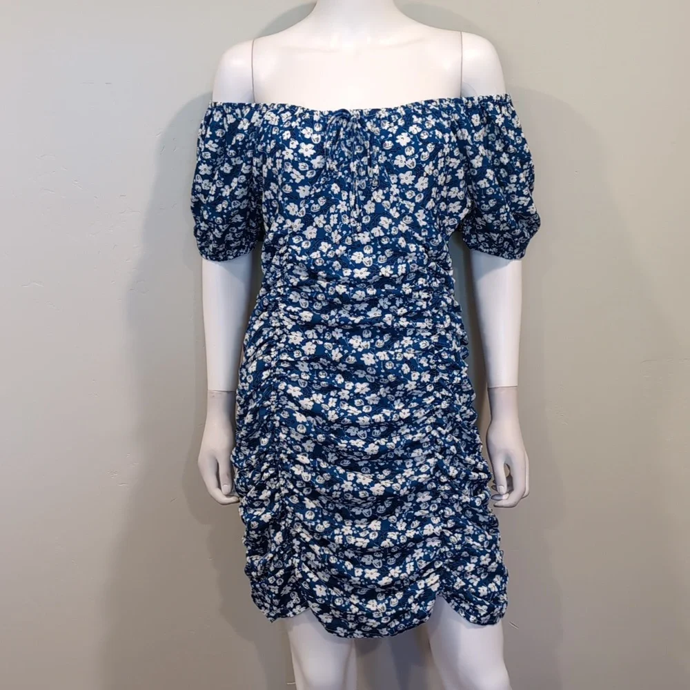 SHEIN Blue And White Floral Off Shoulder Tie Bust Ruched Front Mini Dress Large